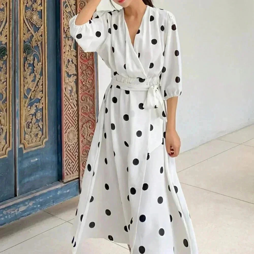 White Casual Women's Polka Dot Print V Neck Wrap Dress With Lantern Sleeve - Picture 4 of 6